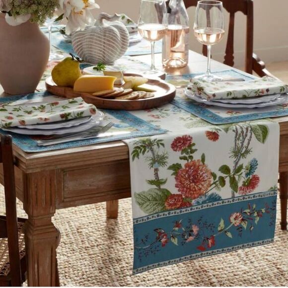 The Company Store Aster 16x90 Blue/White Fall Floral Table Runner New - Picture 8 of 10